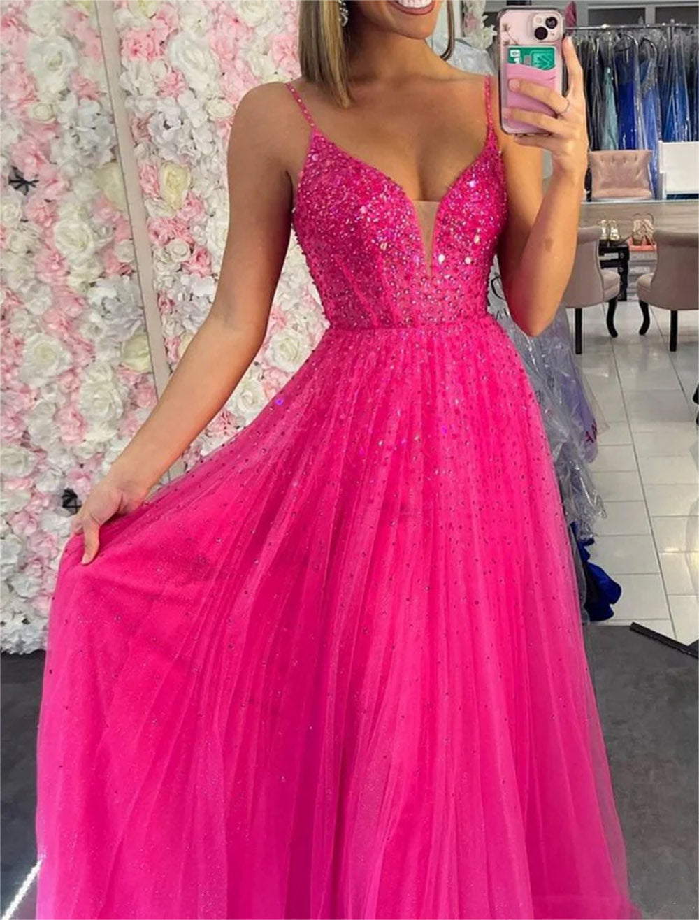 Women A-Line Tulle Prom Dresses Long V-Neck Beadings Evening Gowns Sleeveless Formal Party Dress YPD664
