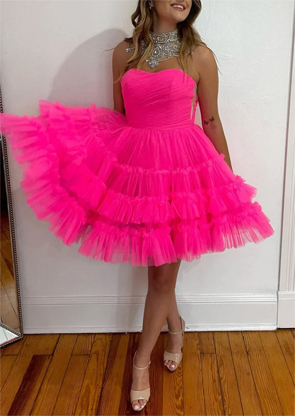 Women A-Line Tulle Prom Dresses Short Strapless Cocktail Gowns Girls Sleeveless Homecoming Dresses YHD314