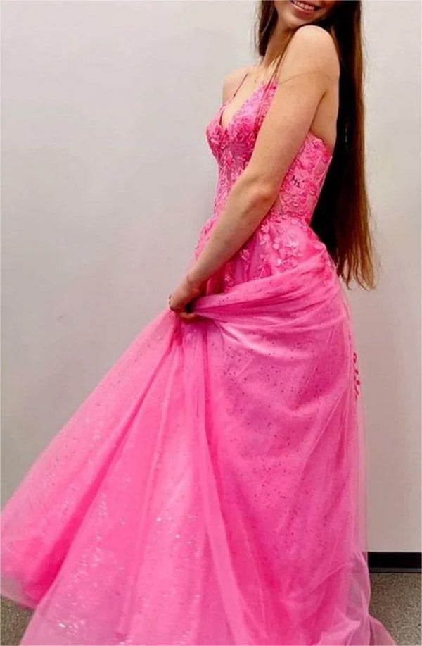 Women A-Line Lace Prom Dresses Long V-Neck Appliques Evening Gowns Sleeveless Formal Party Dress YPD599