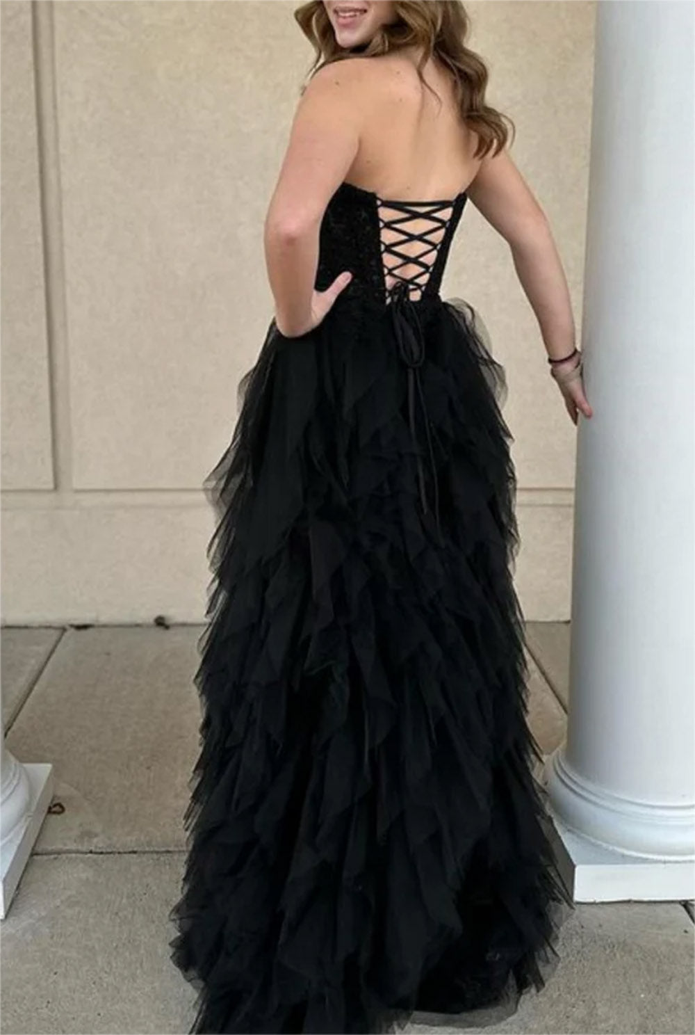 Women A-Line Lace Prom Dresses Long Slit Appliques Evening Gowns Sleeveless Formal Party Dress YPD612