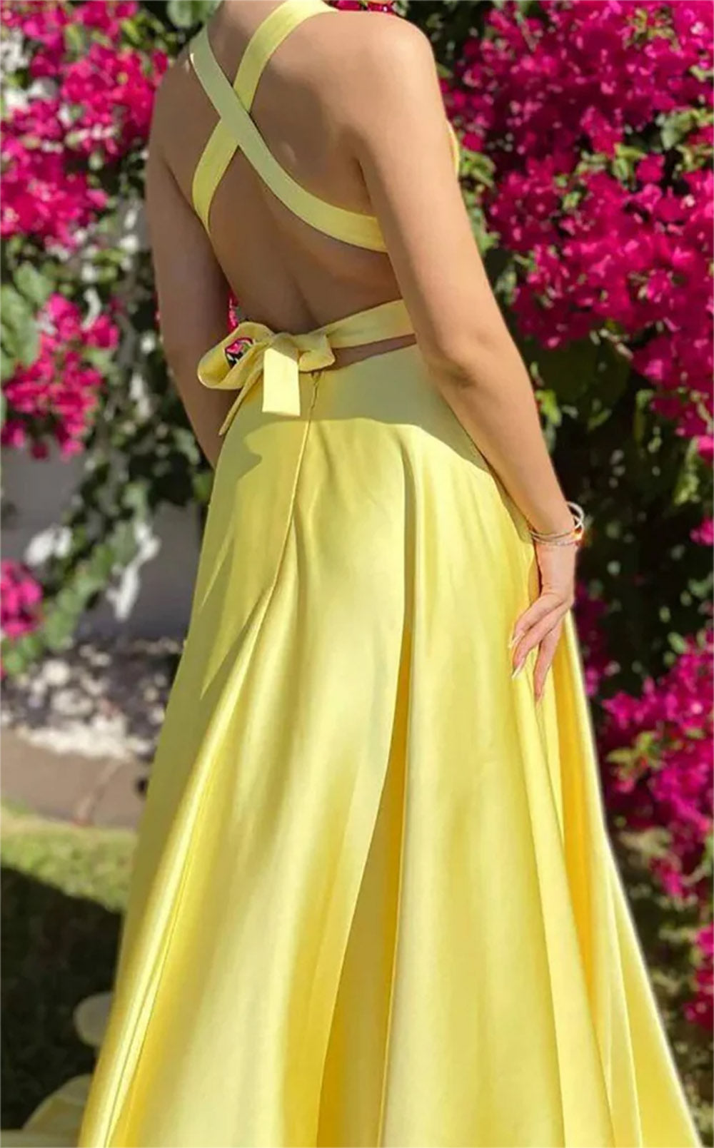 Women A-Line Satin Prom Dresses Long Slit V-Neck Evening Gowns Sleeveless Formal Party Dress YPD615