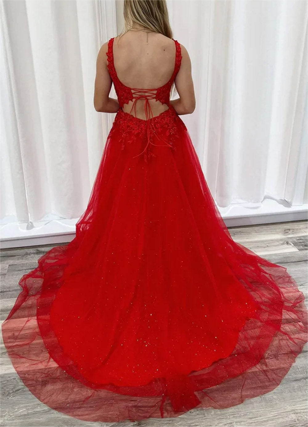 Women A-Line Lace Prom Dresses Long Slit Appliques Evening Gowns Sleeveless Formal Party Dress YPD614