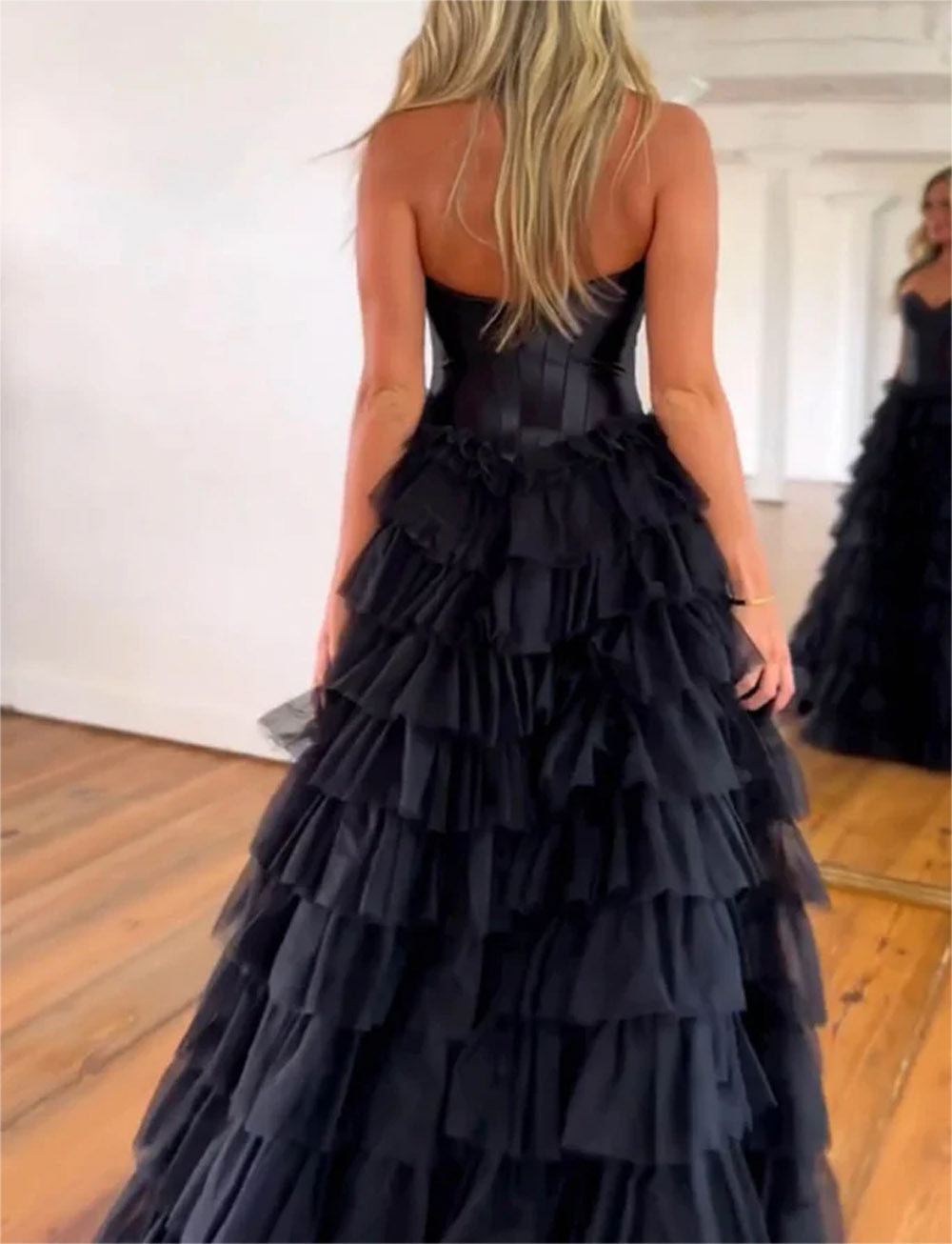 Women Strapless Tulle Prom Dresses Long Sweetheart Slit Evening Gowns Sleeveless Formal Party Dress YPD629