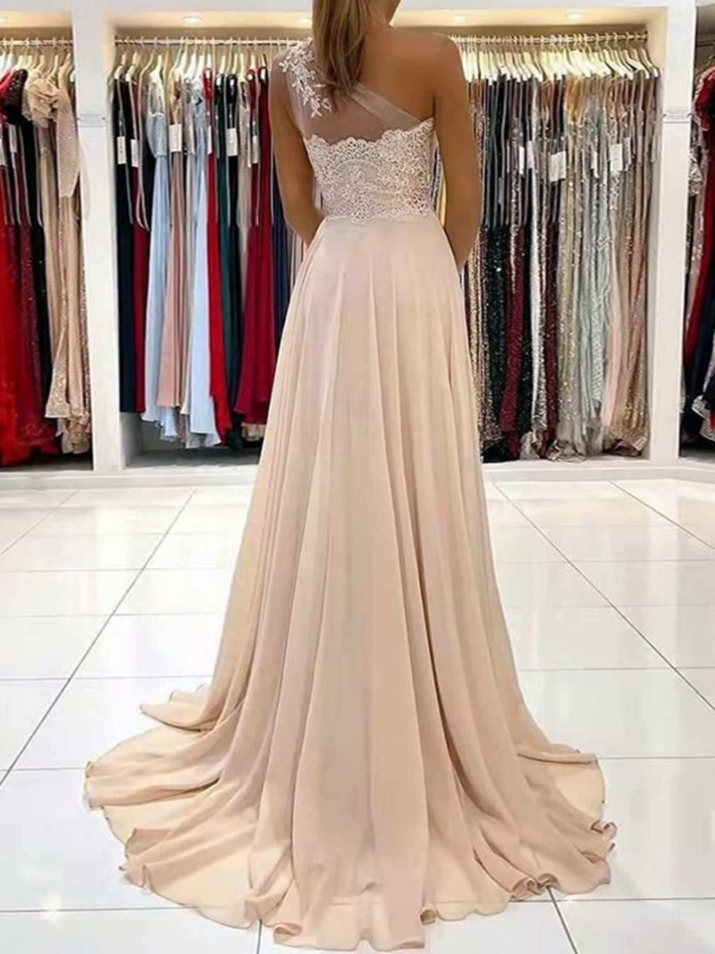 Women A-Line Appliques Prom Dresses Long One-Shoulder Evening Gowns Formal Party Dress YPD564