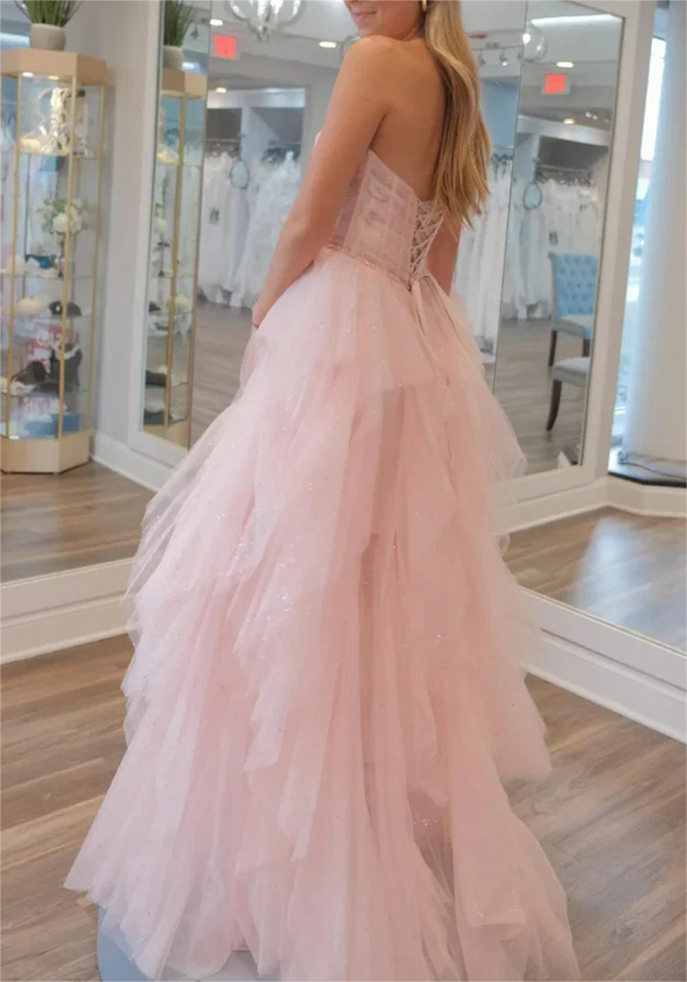 Women Strapless Tulle Prom Dresses Long Sequins Evening Gowns Sleeveless Formal Party Dress YPD638