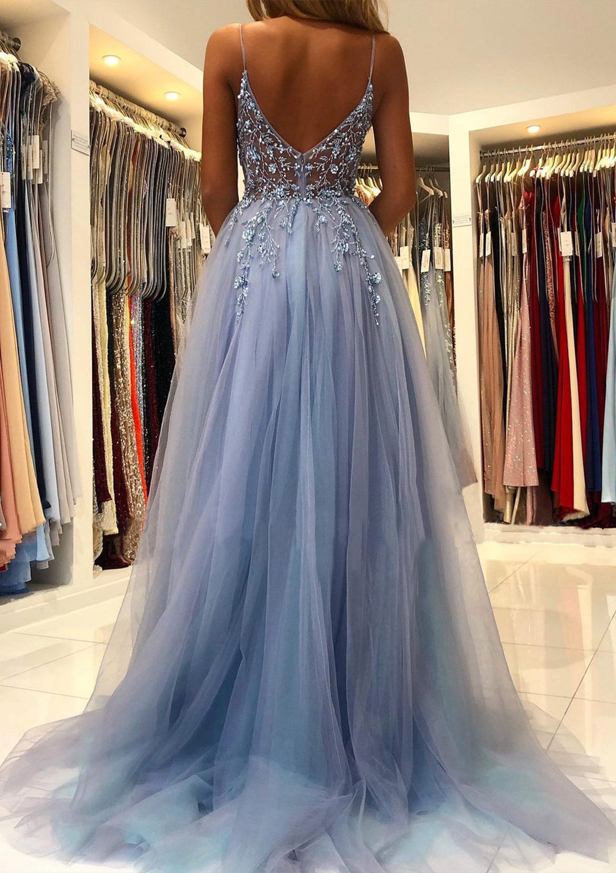 Women Tulle Beaded Prom Dress Long Side Slit Evening Gowns Princess Formal Party Dress YPD751