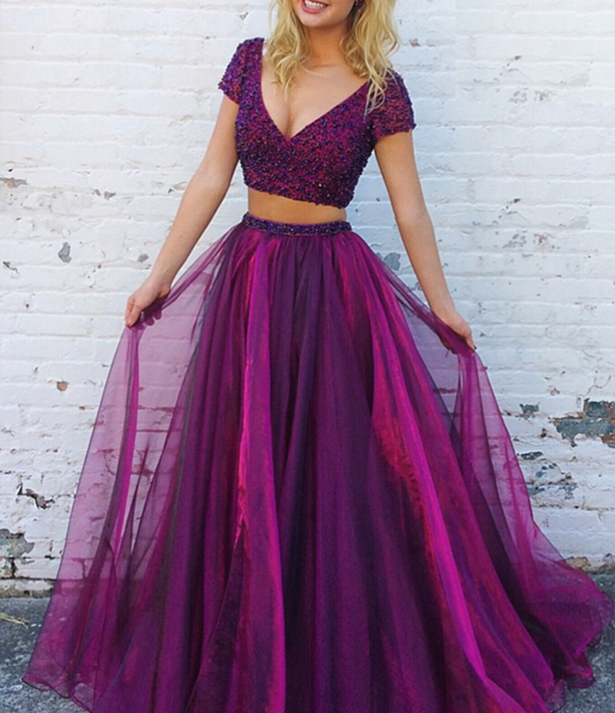Women 2 Pieces Prom Dresses Long Beads Evening Party Dress YPD094