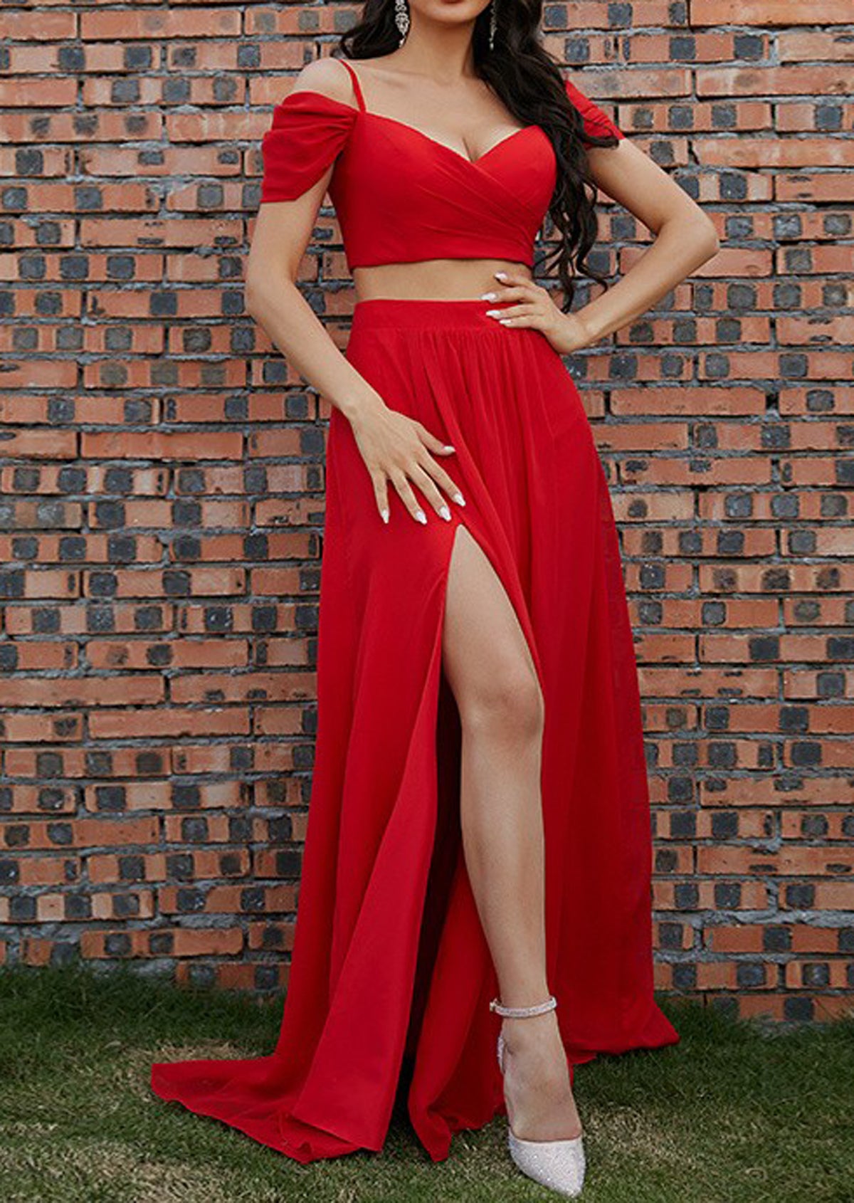 Women 2 Pieces Prom Dress Long Red Evening Gowns Fashion Party Dress YPD855