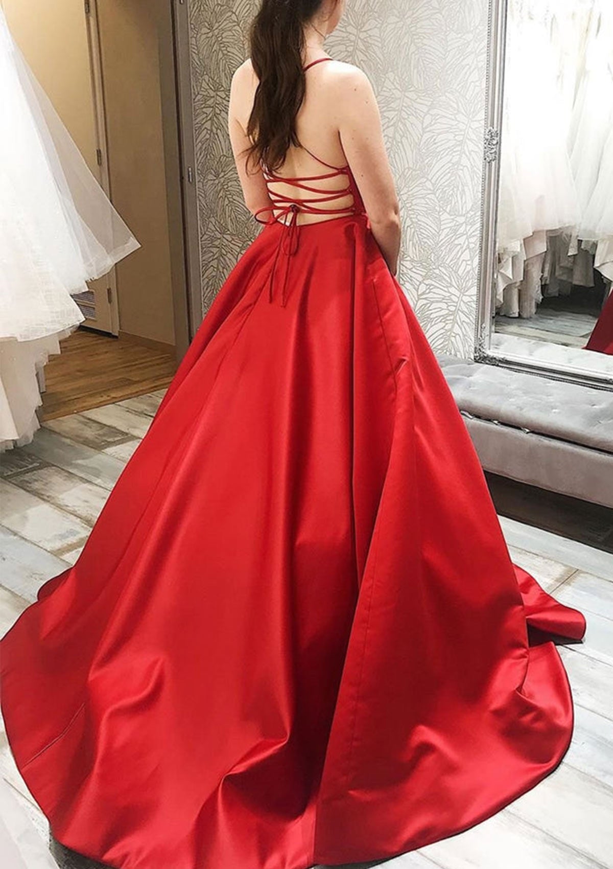 Women Spaghetti Straps Prom Dress Long Red Evening Gowns Satin Formal Party Dress YPD779