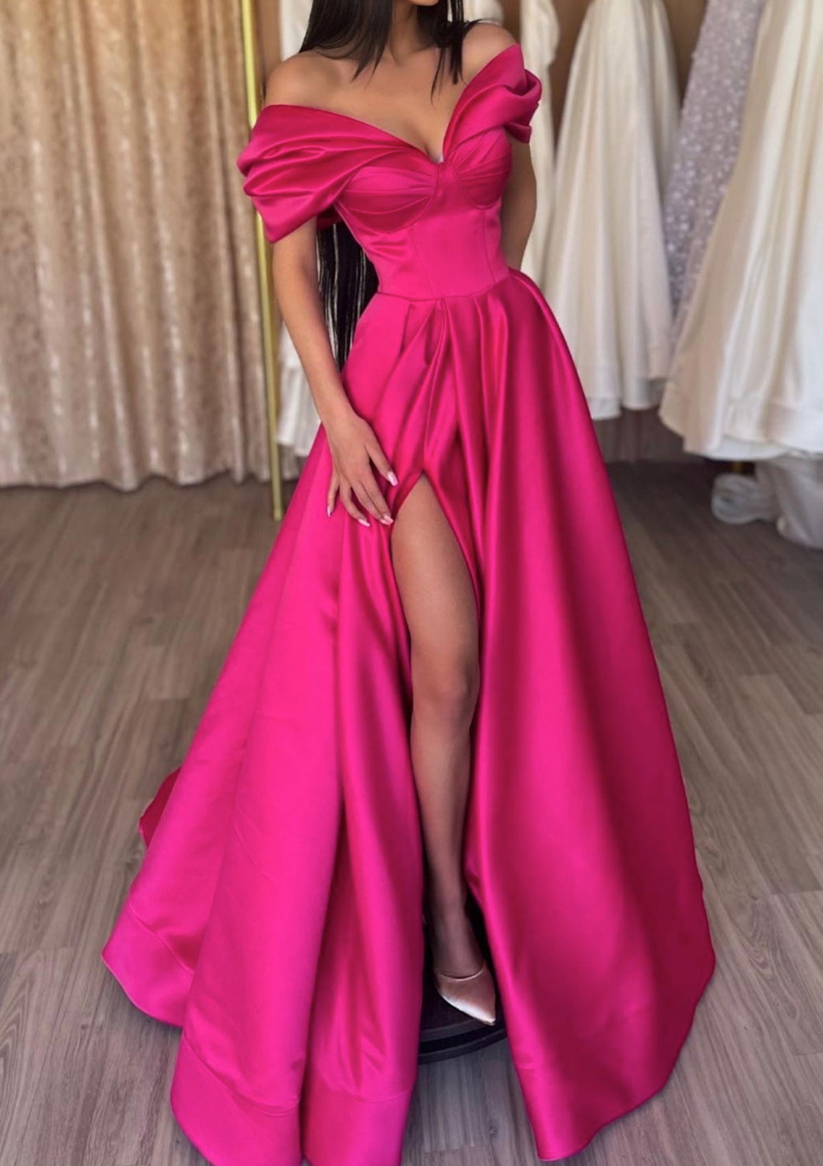 Women High Side Slit Prom Dress Long Off-the-Shoulder Evening Gowns Satin Formal Party Dress YPD781