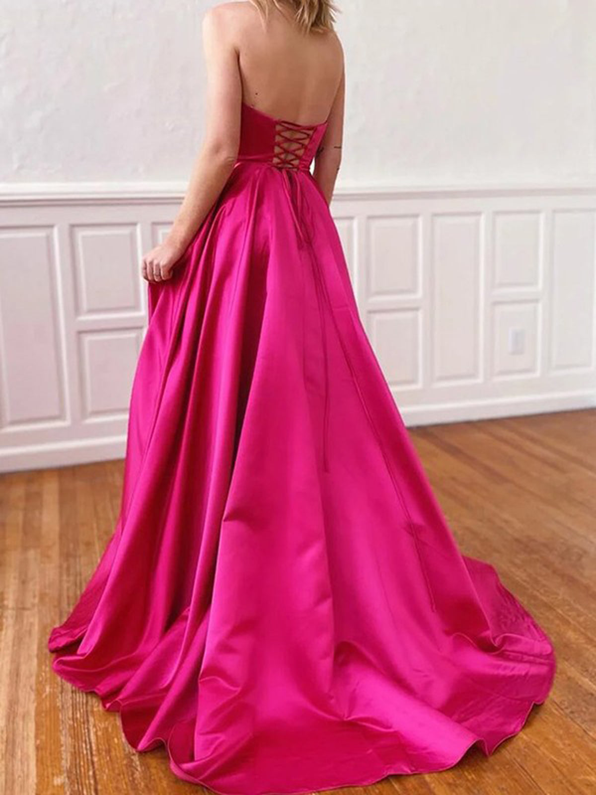 Women Strapless Prom Dress Long Side Slit Evening Gowns Fashion Satin Party Dress YPD849