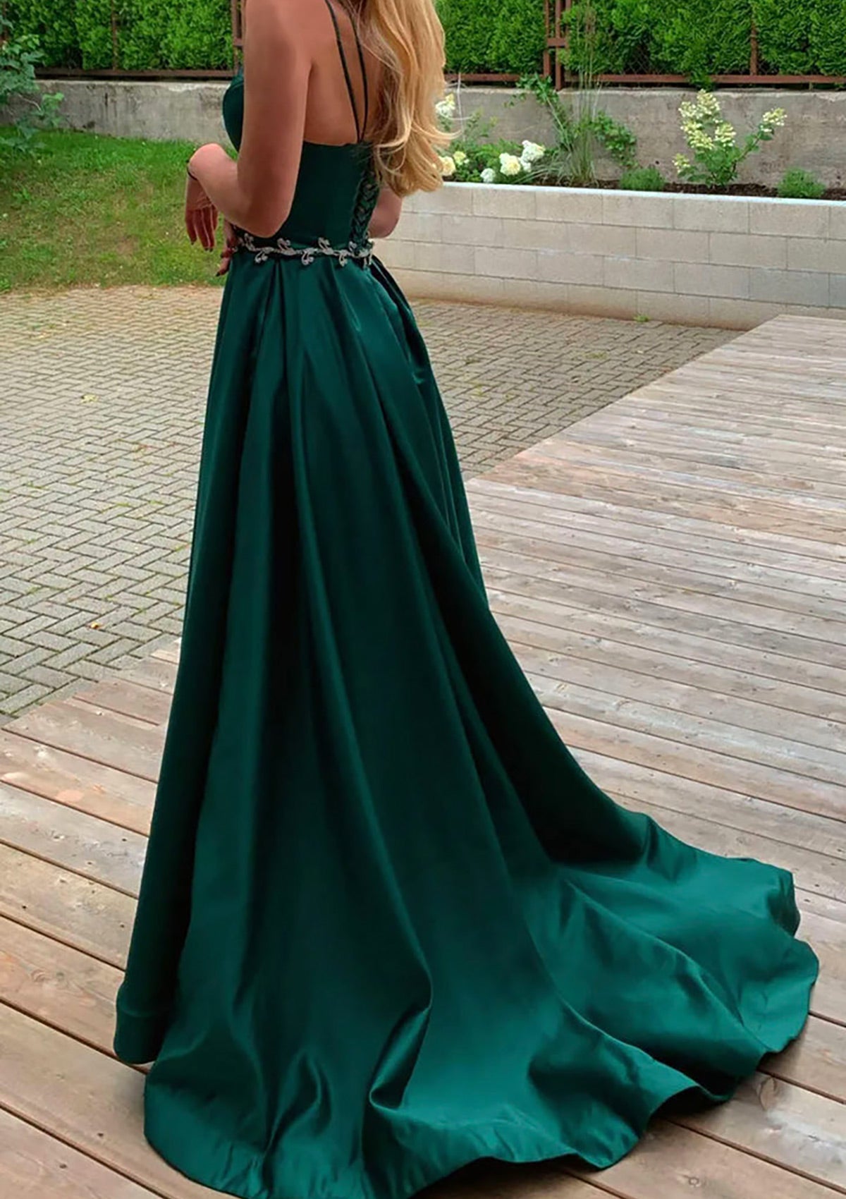 Women Spaghetti Straps Prom Dress Long Side Slit Evening Gowns Satin Formal Party Dress YPD759