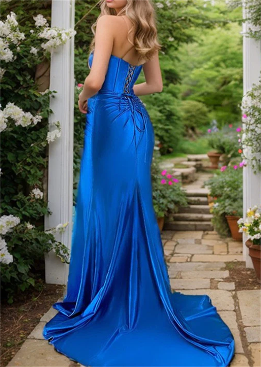 Women Strapless Prom Dresses Long Side Slit Evening Gowns Royal Blue Formal Party Dress YPD720