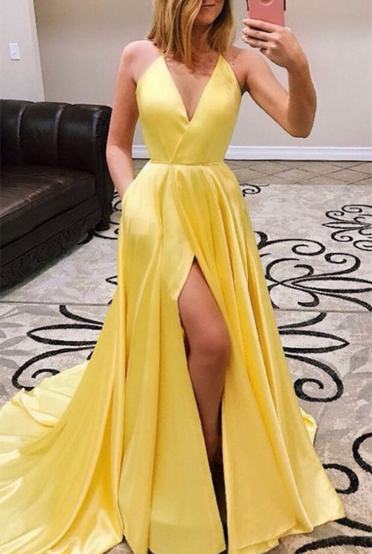 Women Side Slit Prom Dresses Long Satin Evening Party Dress YPD187