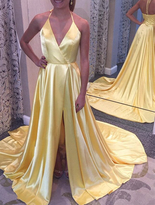 Women Side Slit Prom Dresses Long Satin Evening Party Dress YPD189