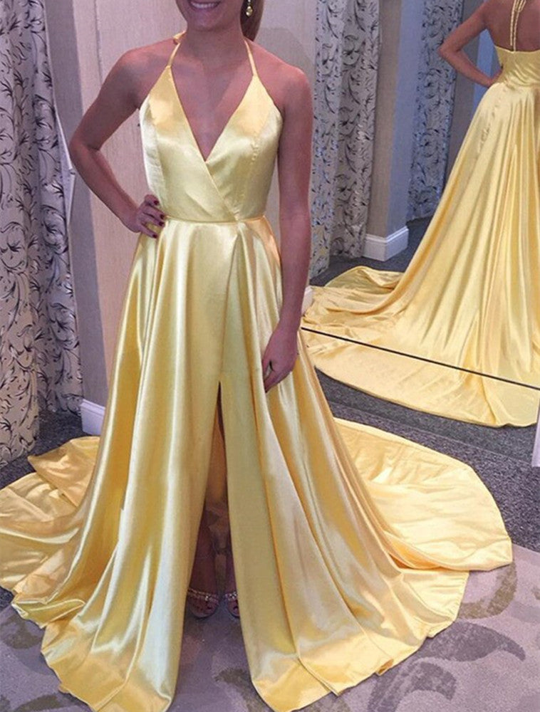 Women Side Slit Prom Dresses Long Satin Evening Party Dress YPD189