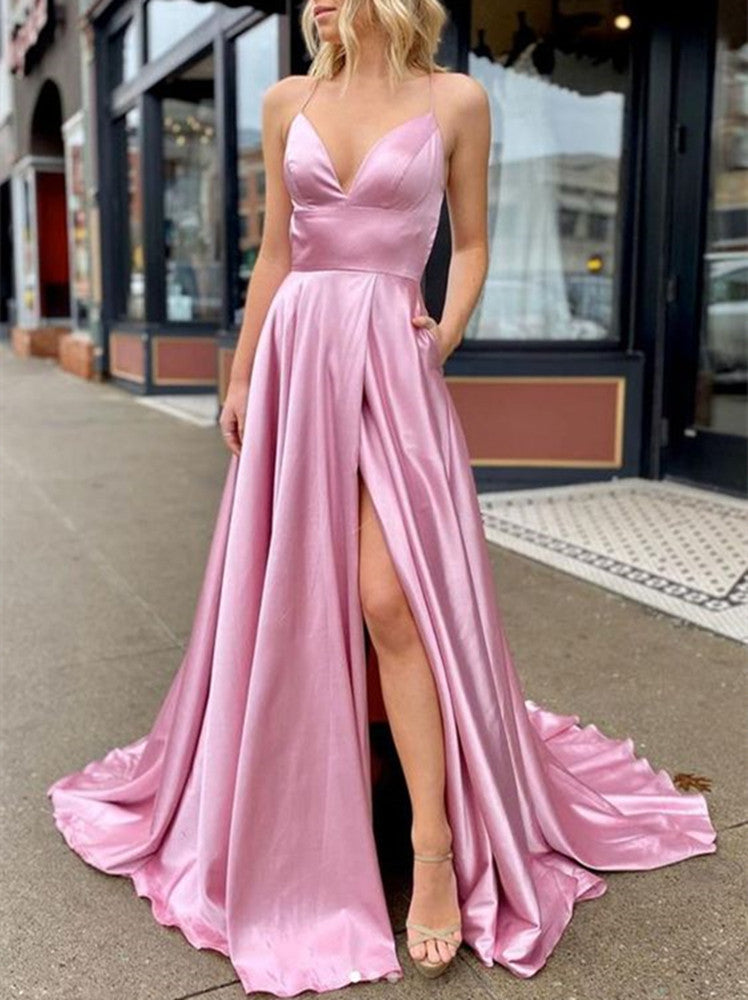 Women Side Slit Prom Dresses Long Satin Evening Party Dress YPD195