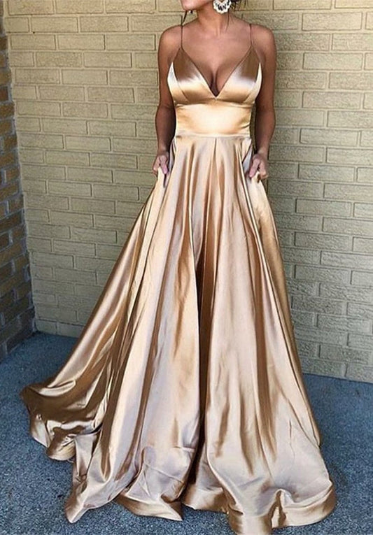 Women V-Neck Prom Dresses Long Satin Evening Party Dress YPD199