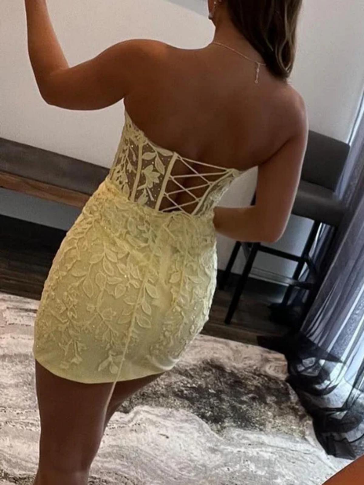 Women Appliques Homecoming Dresses Mini Girls Strapless Cocktail Party Gowns YHD352