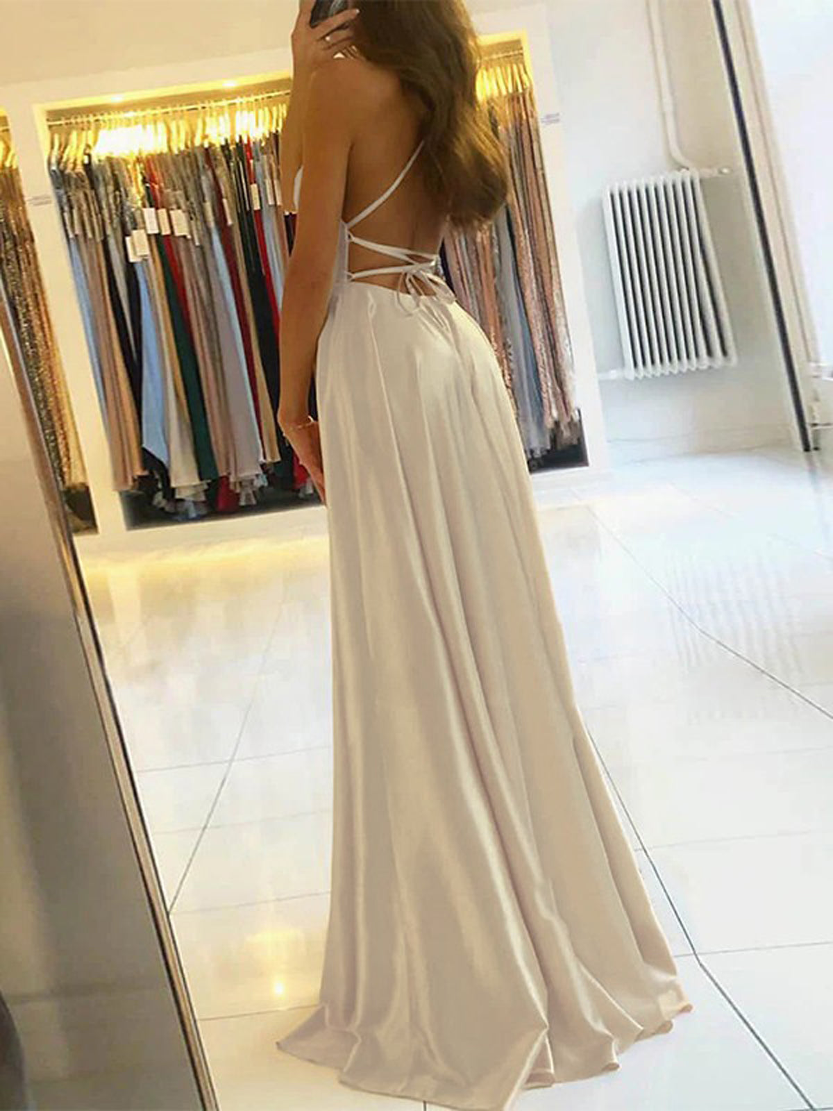Women Spaghetti Straps Bridesmaid Dress Long Side Split Prom Gowns Fashion Wedding Party Dress YBD044