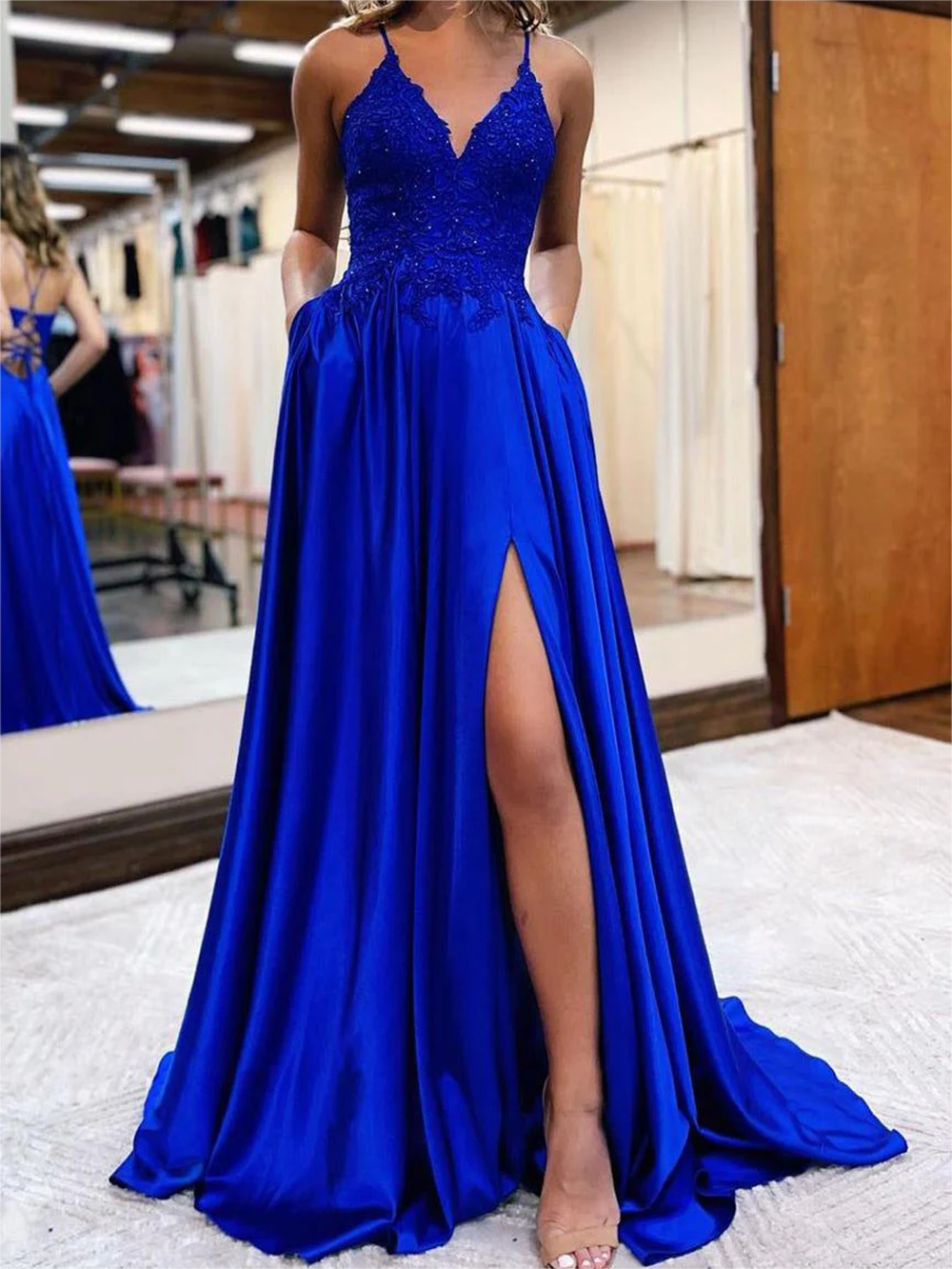 Women Royal Blue Prom Dresses Long Side Slit Evening Gowns Appliques Formal Party Dress YPD730