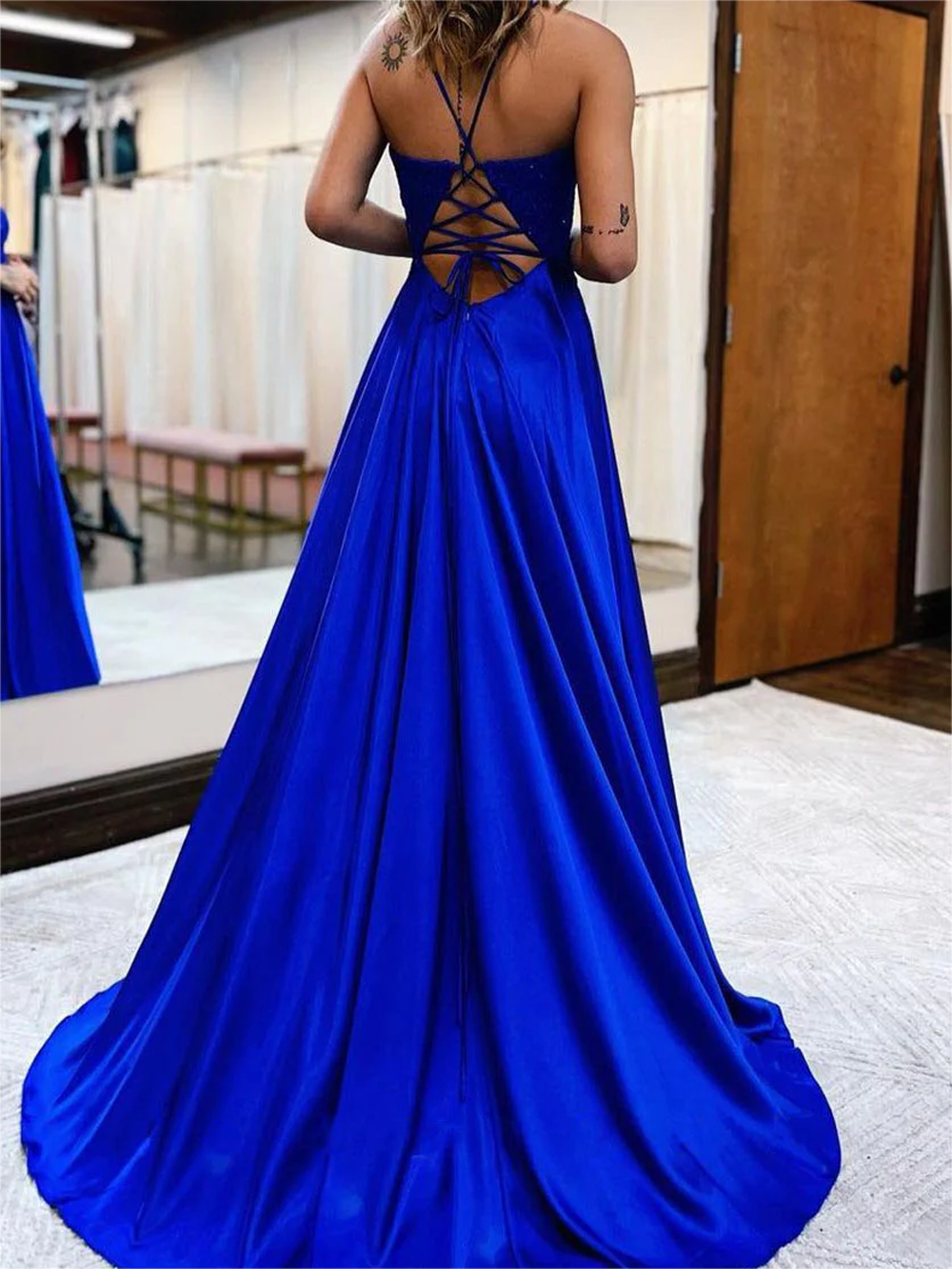 Women Royal Blue Prom Dresses Long Side Slit Evening Gowns Appliques Formal Party Dress YPD730