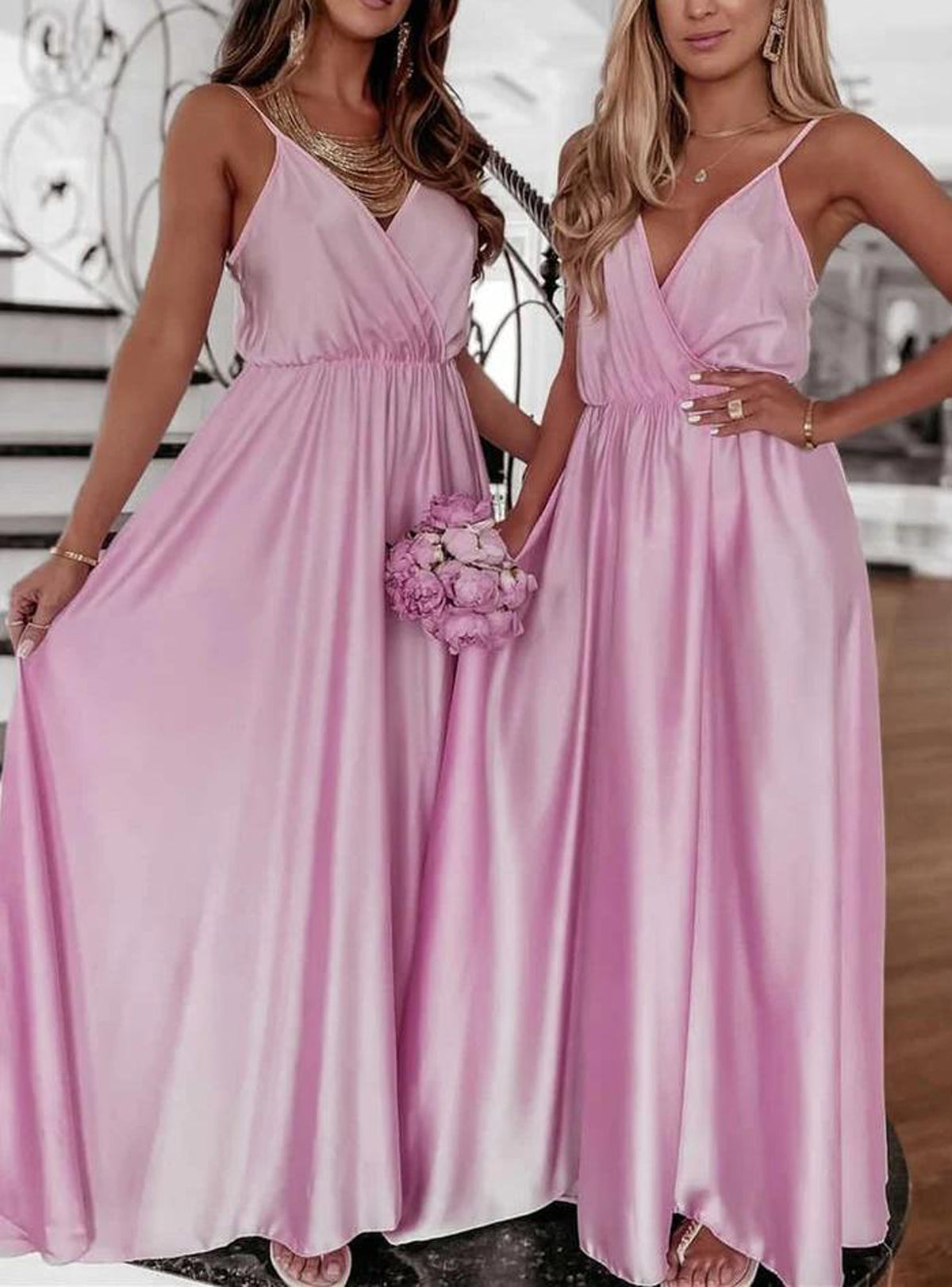 Women Spaghetti Srtaps Bridesmaid Dress Long V-Neck Prom Gowns Fashion Wedding Party Dress YBD031