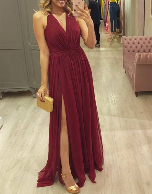 Women V-Neck Prom Dresses Long Side Slit Evening Party Dress YPD209