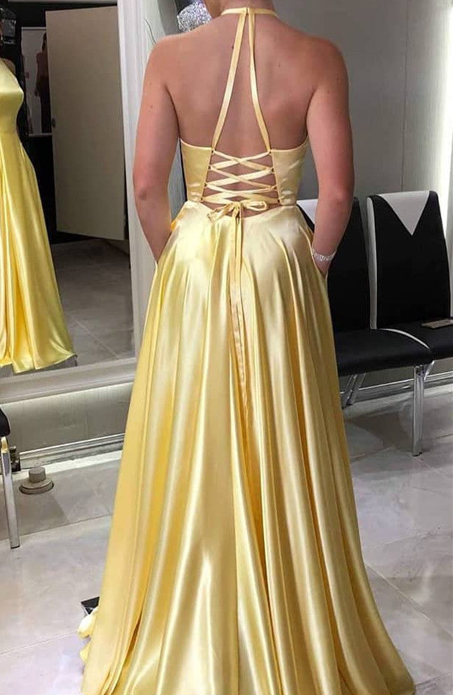 Women Halter Prom Dresses Long Satin Evening Party Dress YPD210