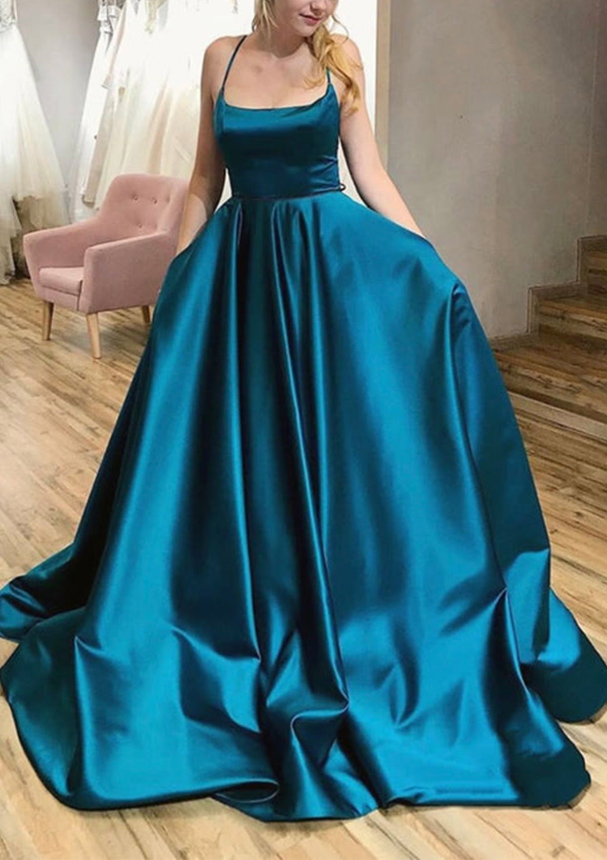 Women Spaghetti Straps Prom Dress Long Open Back Evening Gowns Satin Formal Party Dress YPD778