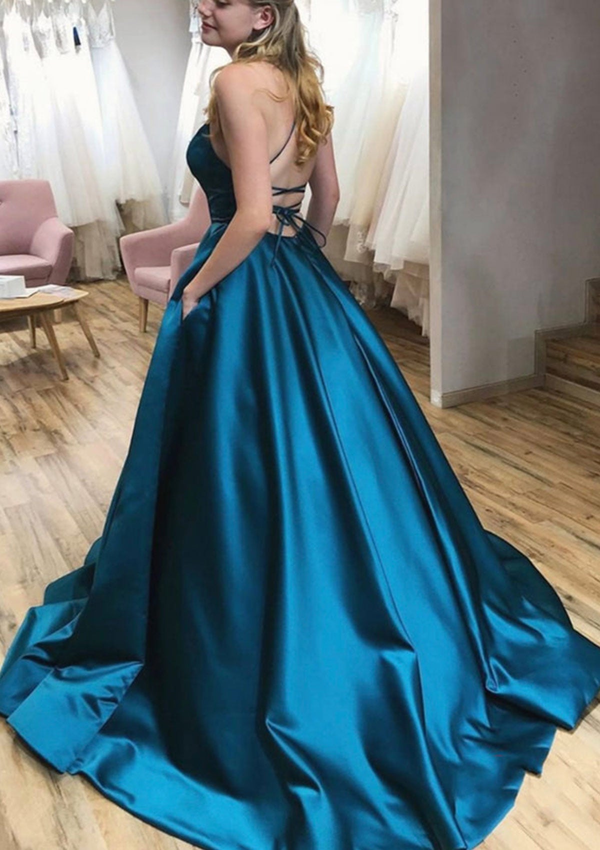 Women Spaghetti Straps Prom Dress Long Open Back Evening Gowns Satin Formal Party Dress YPD778