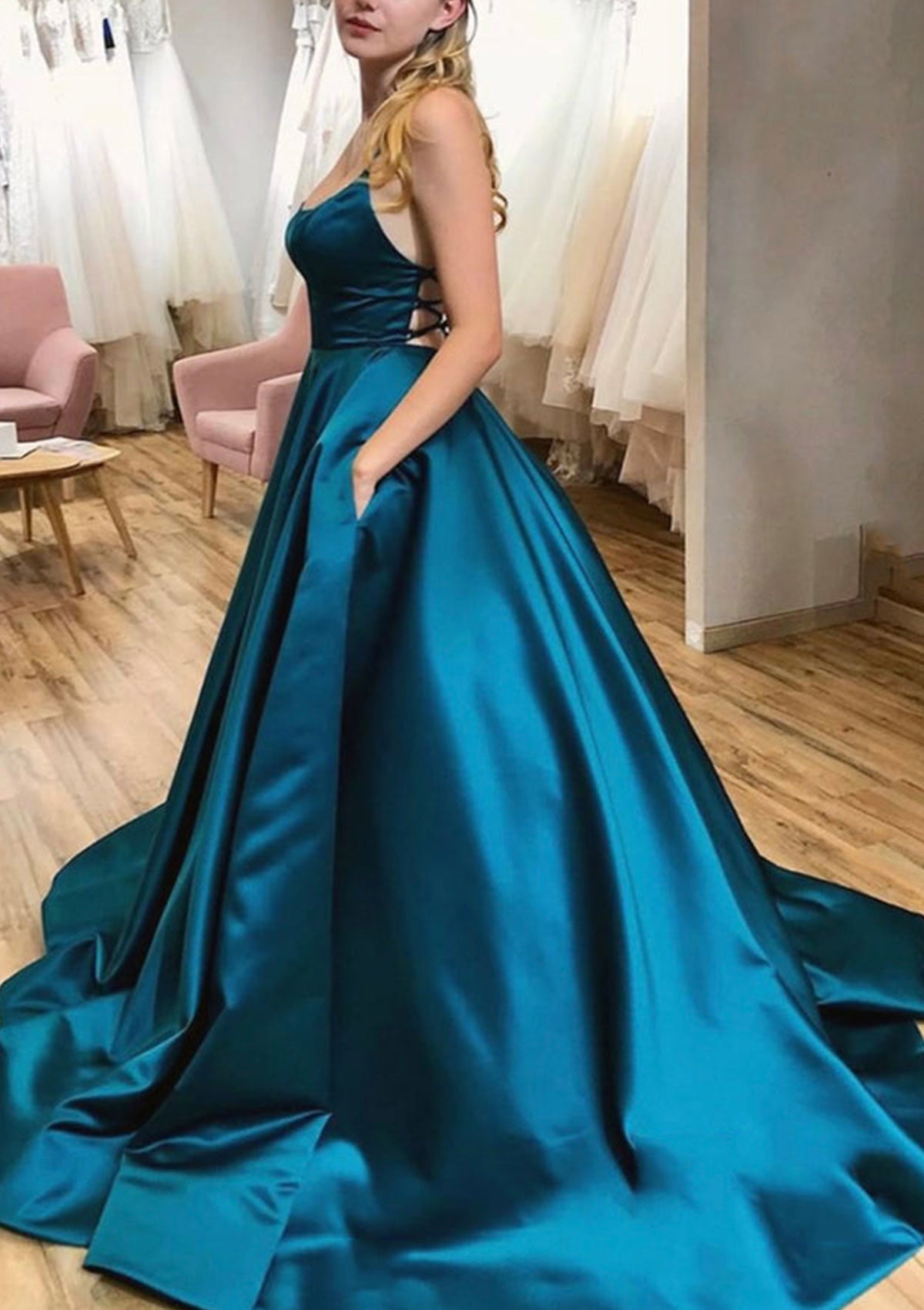 Women Spaghetti Straps Prom Dress Long Open Back Evening Gowns Satin Formal Party Dress YPD778