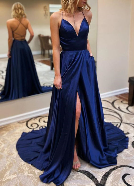 Women V-Neck Prom Dresses Long Satin Evening Party Dress YPD218