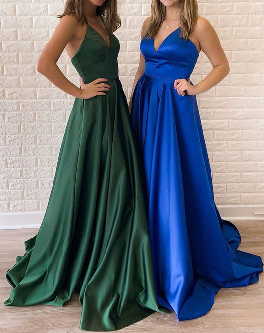 Women V-Neck Prom Dresses Long Satin Evening Party Dress YPD219