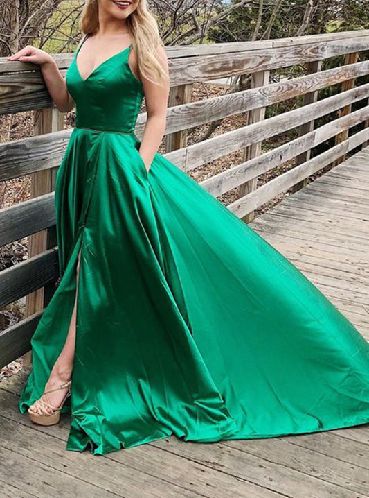Women V-Neck Prom Dresses Long Satin Evening Party Dress YPD223