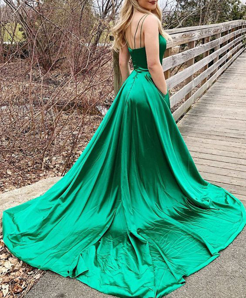 Women V-Neck Prom Dresses Long Satin Evening Party Dress YPD223
