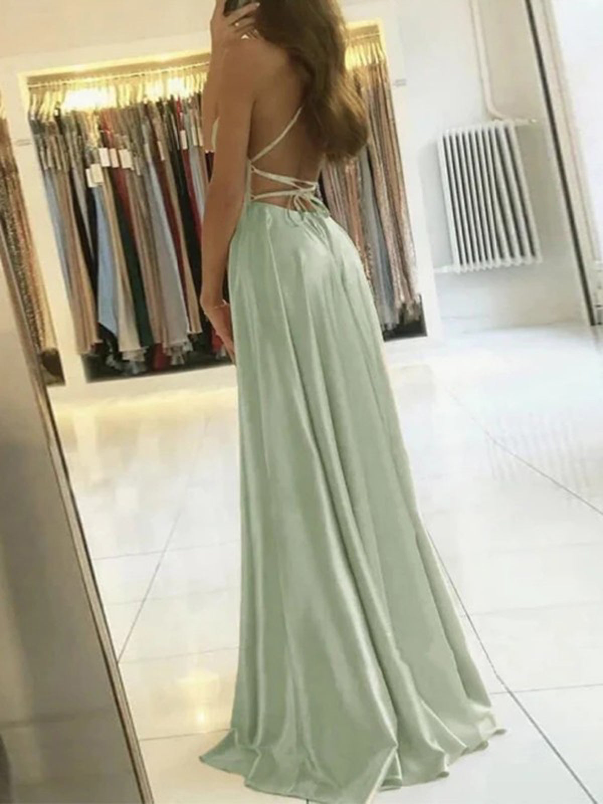 Women Spaghetti Straps Prom Dress Long Simple Evening Gowns A-Line Side Slit Party Dress YPD827