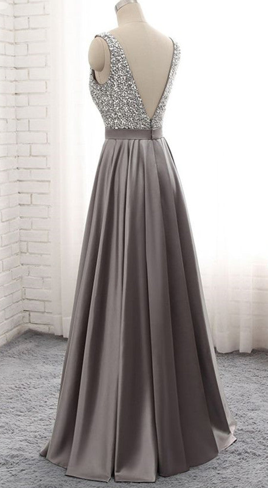 Women Beads Prom Dresses Long Satin Evening Party Dress YPD166