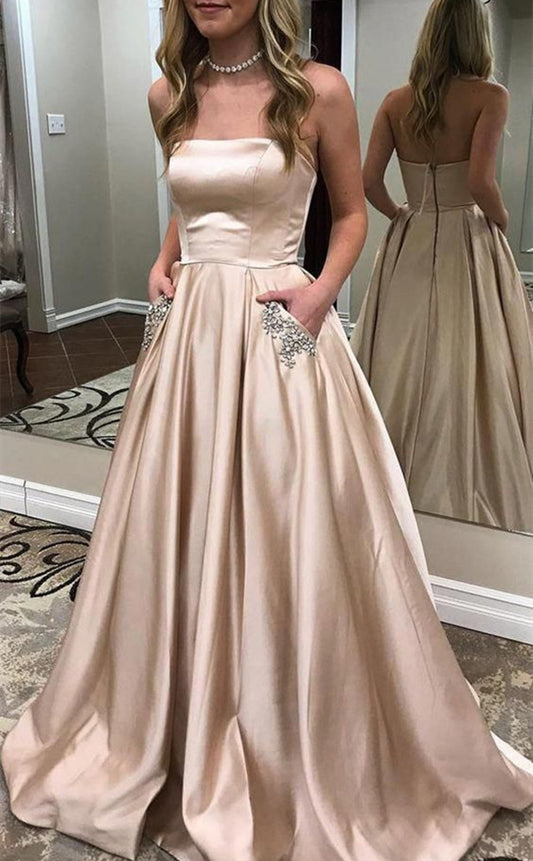 Women Satin Prom Dresses Long Beads Evening Gowns Formal Party Dress YPD254