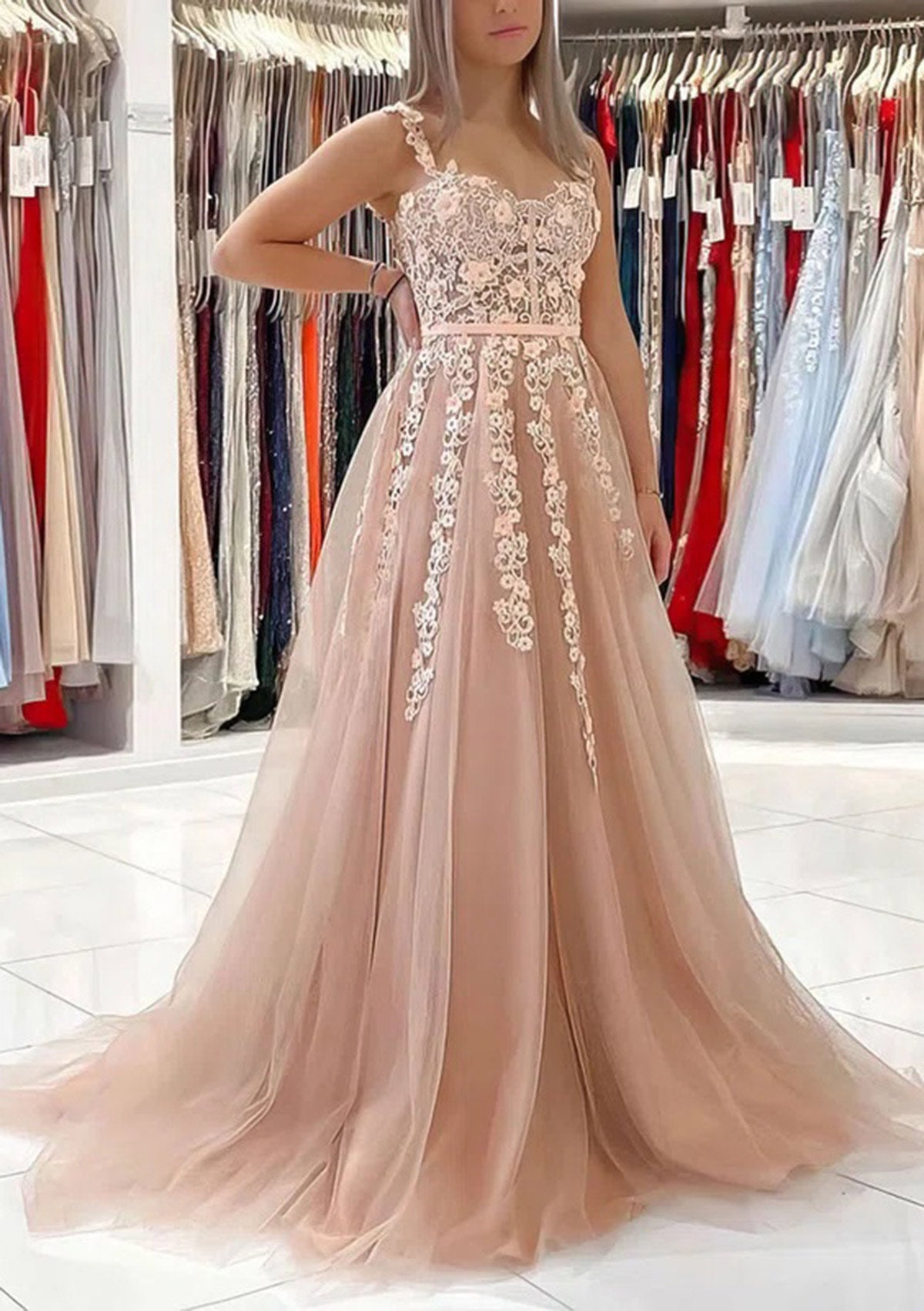 Women Tulle Appliques Prom Dress Long A-Line Evening Gowns Princess Party Dress YPD803