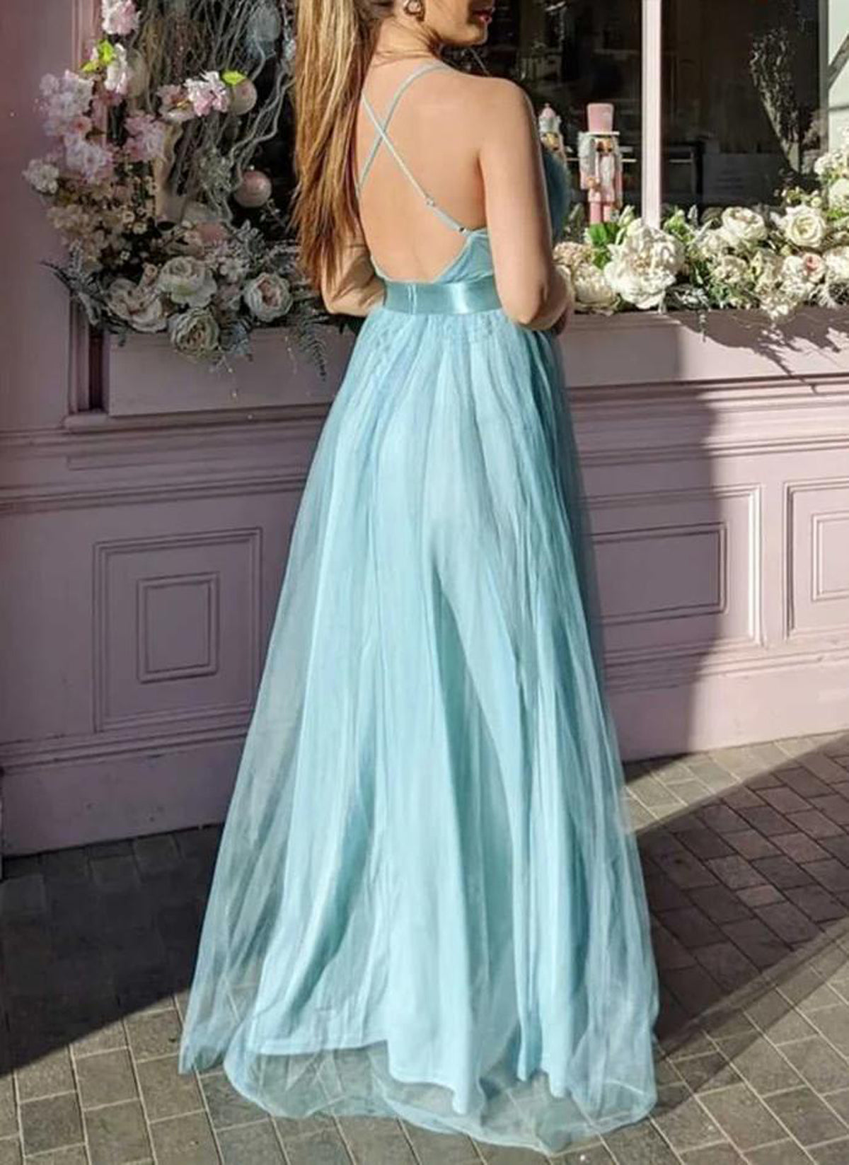 Women Tulle Bridesmaid Dress Long Spaghetti Straps Prom Gowns Fashion Wedding Party Dress YBD025