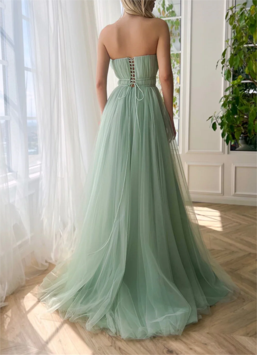 Women Tulle Prom Dress Long Side Slit Evening Gowns Princess Formal Party Dress YPD736