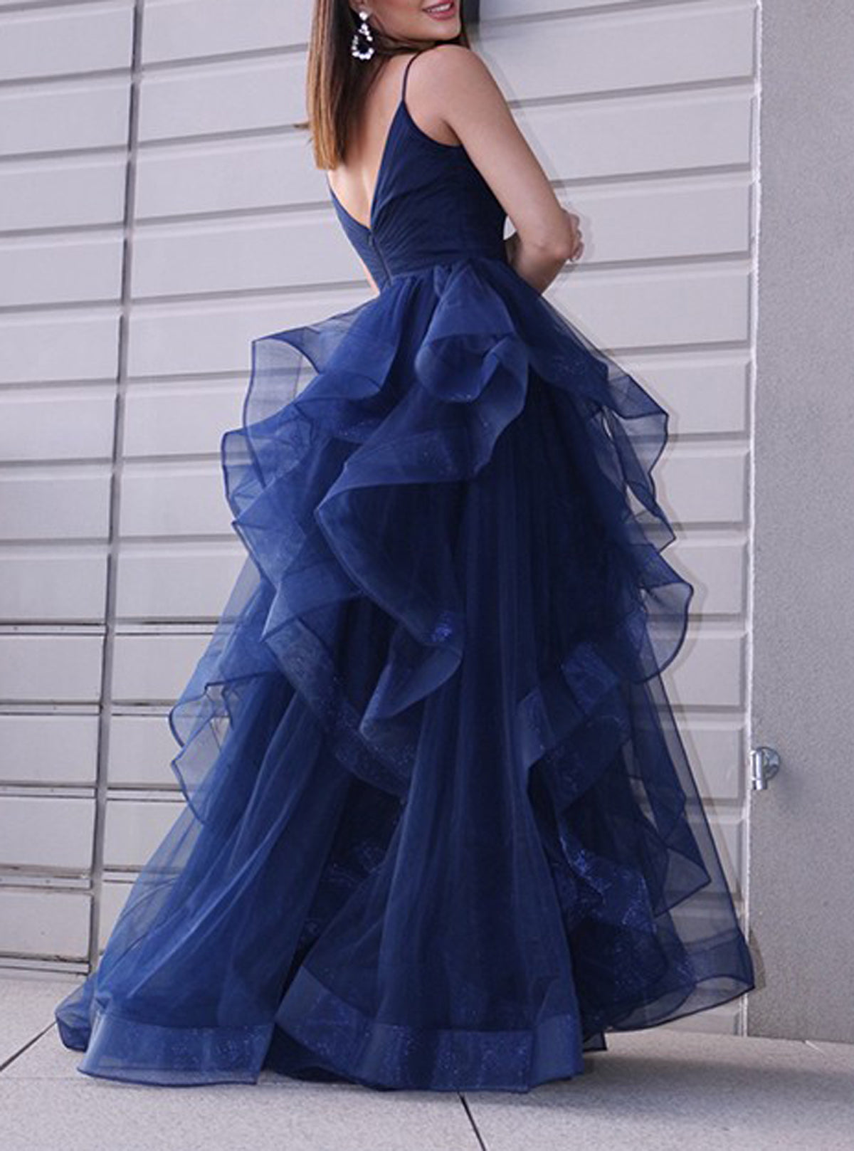 Women Tulle Prom Dress Long Side Slit Evening Gowns Spaghetti Straps Party Dress YPD820