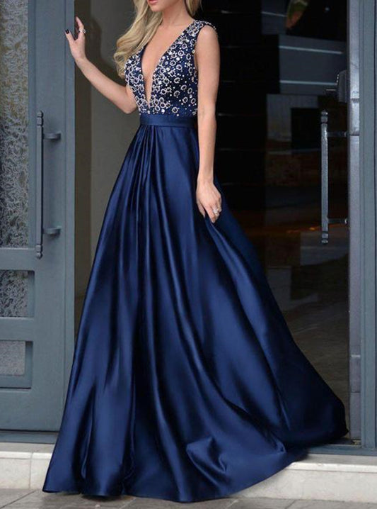 Women V-Neck Prom Dresses Long Beads Evening Gowns Formal Party Dress YPD250