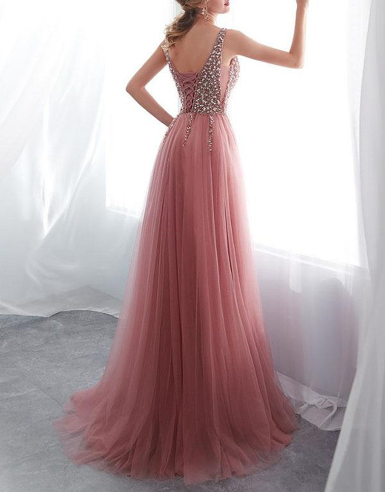 Women Beads Prom Dresses Long Side Slit Evening Party Dress YPD168