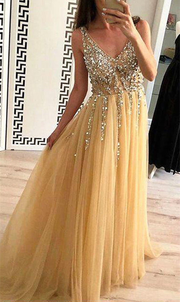 Women Beads Prom Dresses Long Side Slit Evening Party Dress YPD171