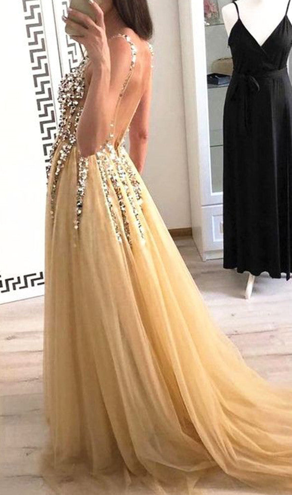 Women Beads Prom Dresses Long Side Slit Evening Party Dress YPD171