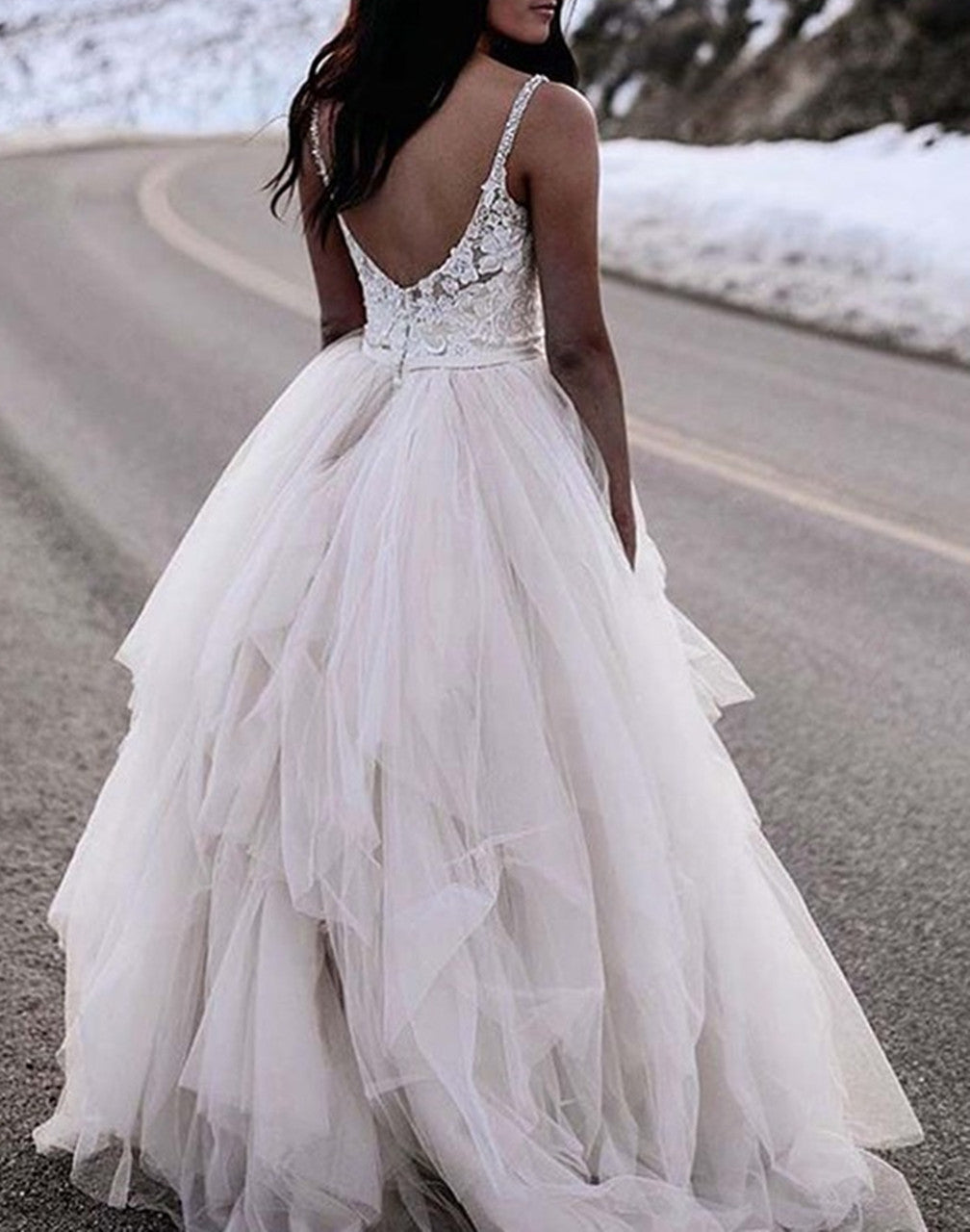 Women V-Neck Lace Wedding Dresses Long Appliques Bridal Gowns YWD157