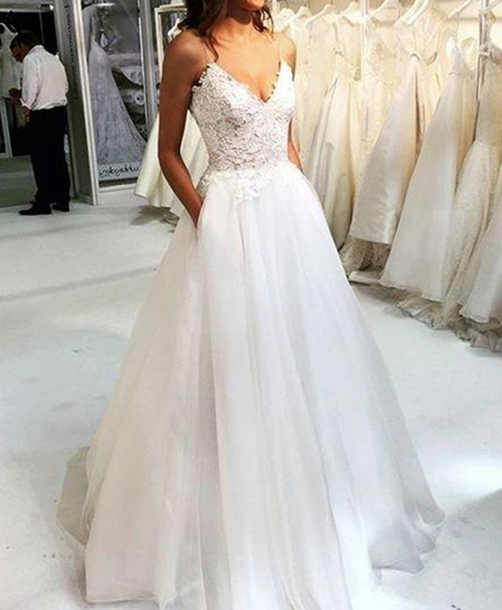 Women A-Line Appliques Wedding Dresses V-Neck Lace Bridal Gowns YWD209