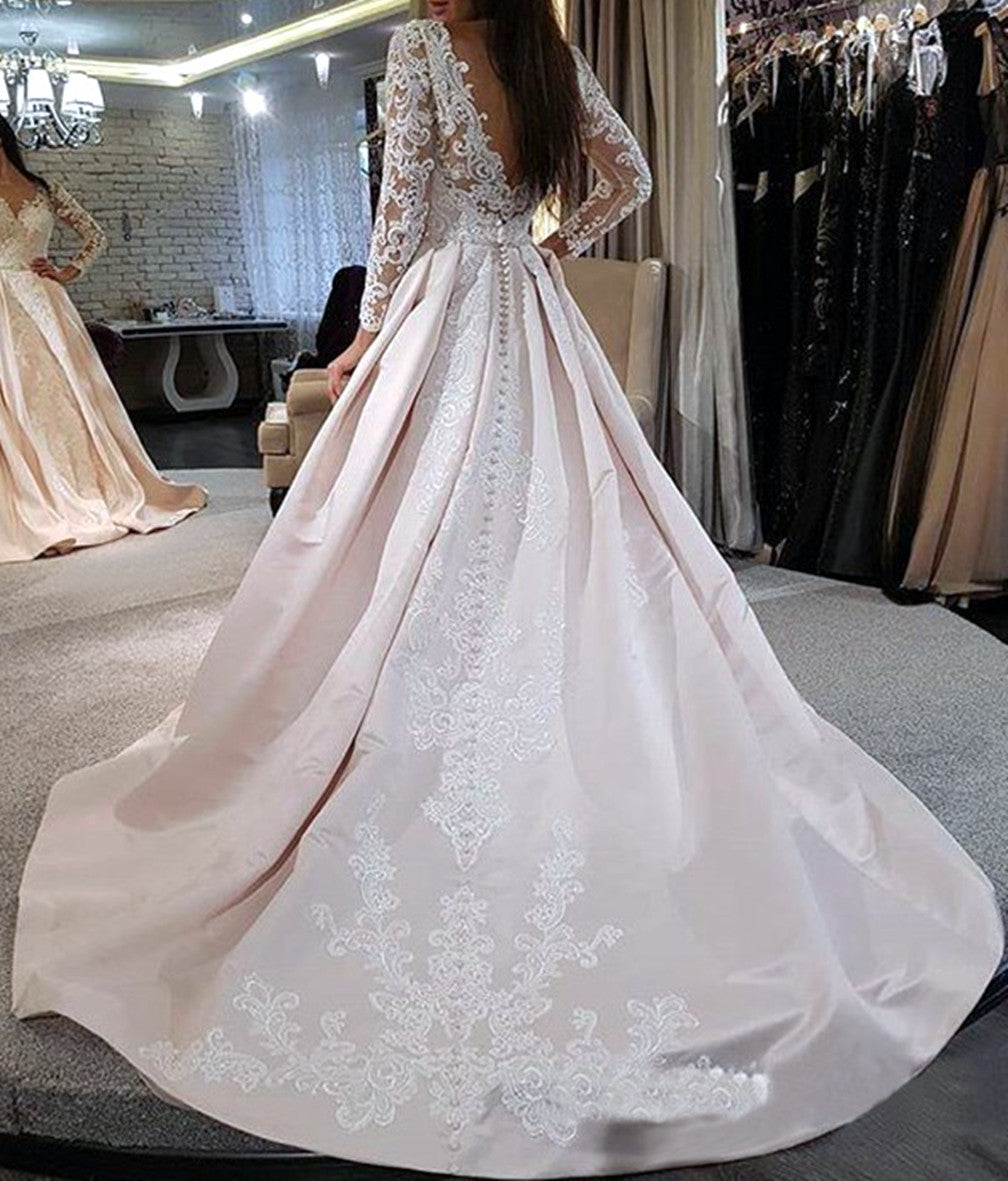 Women A-Line Appliques Wedding Dresses Long Sleeves Lace Bridal Gowns YWD200
